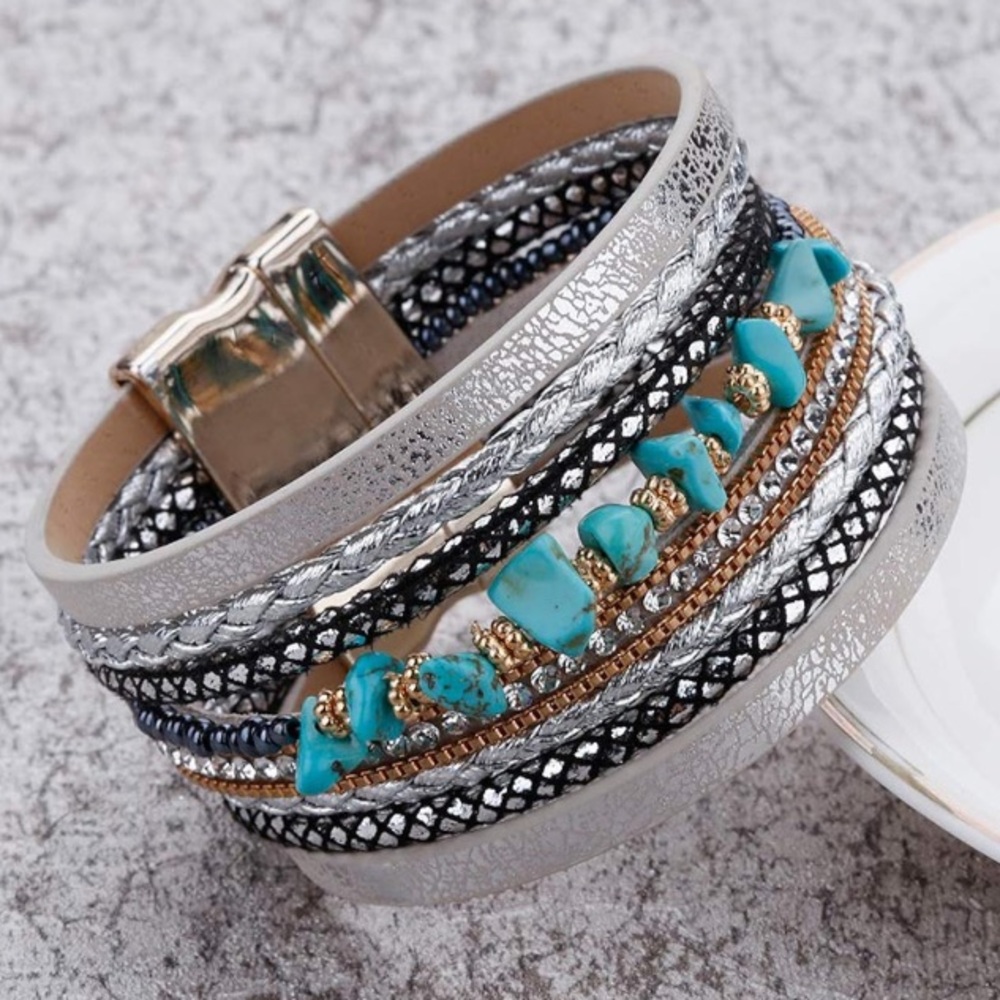 Fesciory Leather Multi-Layer Crystal Beads Cuff Bracelet
